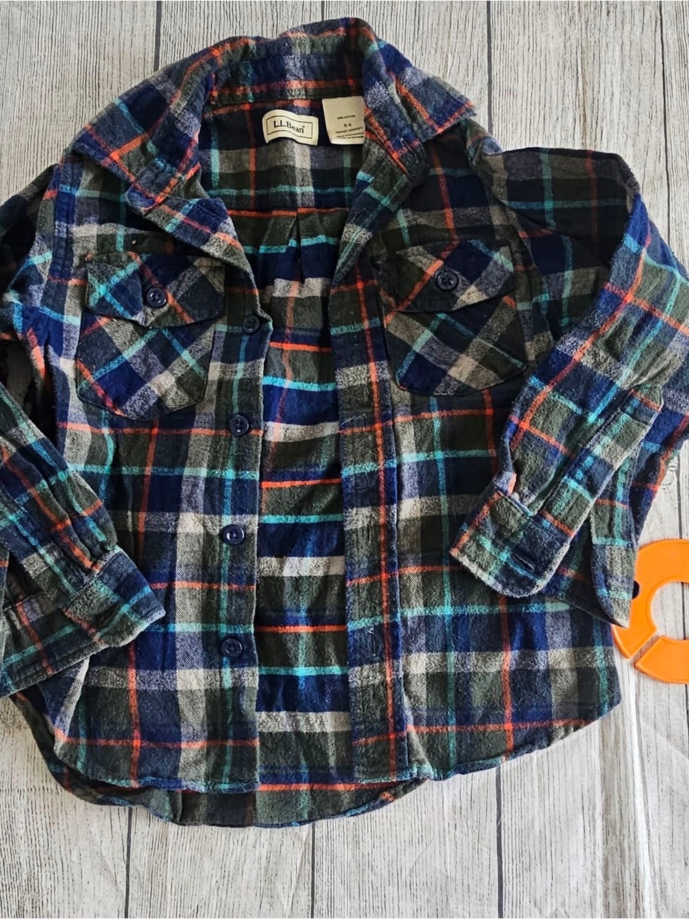 L.L. Bean Boys' Navy, Green & Orange Plaid Flannel Button-Down